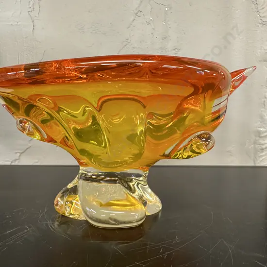 Vintage Footed Art Glass Bowl Orange & Amber. 11 x 22cm